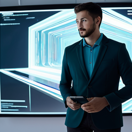 Home 4 A professional male digital artist, in a modest yet stylish blazer and collared shirt, stands in a brightly lit, futuristic art studio. He is subtly interacting with a holographic projection of abstract, flowing digital art, as if collaborating with an unseen AI. The background shows sleek, minimalist design with integrated screens displaying code snippets and data visualizations. The overall atmosphere is innovative and forward-thinking. fully clothed, appropriate attire, modest clothing, safe for work, perfect anatomy, correct proportions, natural pose, well-formed hands, proper finger count, natural body proportions, professional photography, high quality, appropriate content, family-friendly.