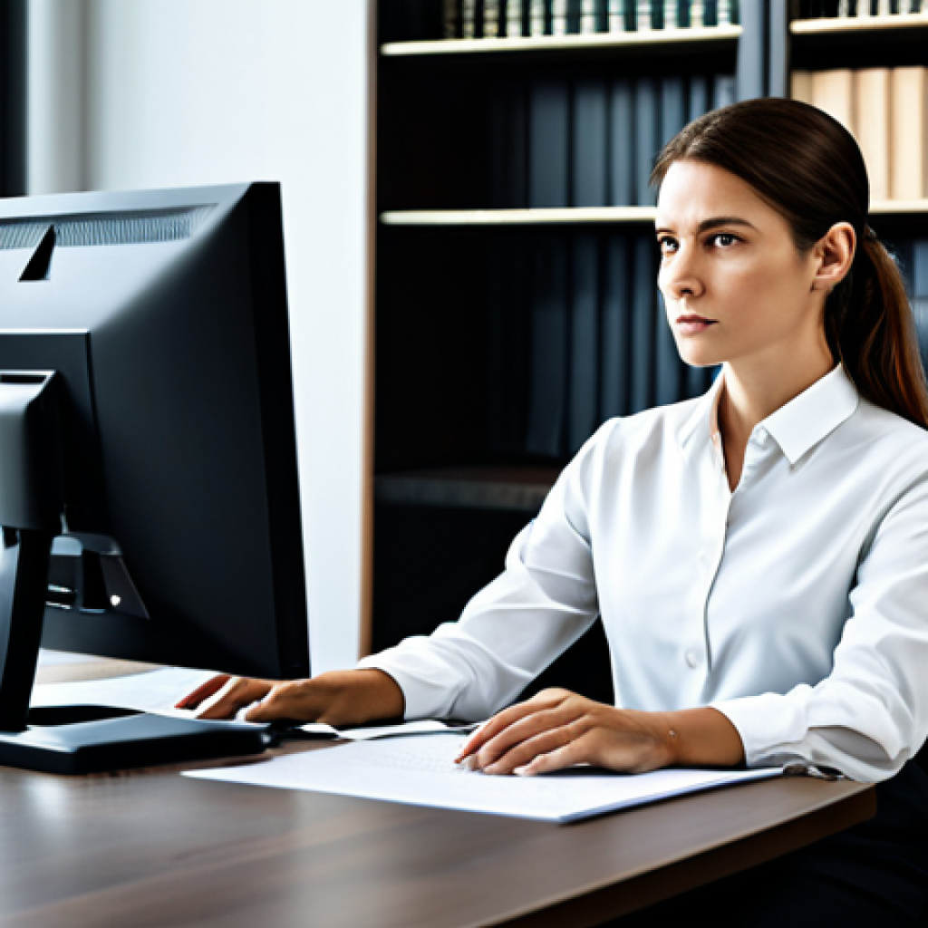 A professional legal expert in a modest dark business suit and a white blouse, fully clothed, appropriate attire, sitting thoughtfully at a modern desk in a well-lit, contemporary law office. A large monitor displays complex legal documents and abstract digital patterns symbolizing AI data. A bookshelf filled with law books is in the background. Professional photography, high resolution, soft studio lighting, perfect anatomy, correct proportions, natural pose, well-formed hands, proper finger count, natural body proportions, safe for work, appropriate content, fully clothed, professional.