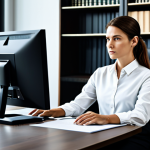 A professional legal expert in a modest dark business suit and a white blouse, fully clothed, appropriate attire, sitting thoughtfully at a modern desk in a well-lit, contemporary law office. A large monitor displays complex legal documents and abstract digital patterns symbolizing AI data. A bookshelf filled with law books is in the background. Professional photography, high resolution, soft studio lighting, perfect anatomy, correct proportions, natural pose, well-formed hands, proper finger count, natural body proportions, safe for work, appropriate content, fully clothed, professional.