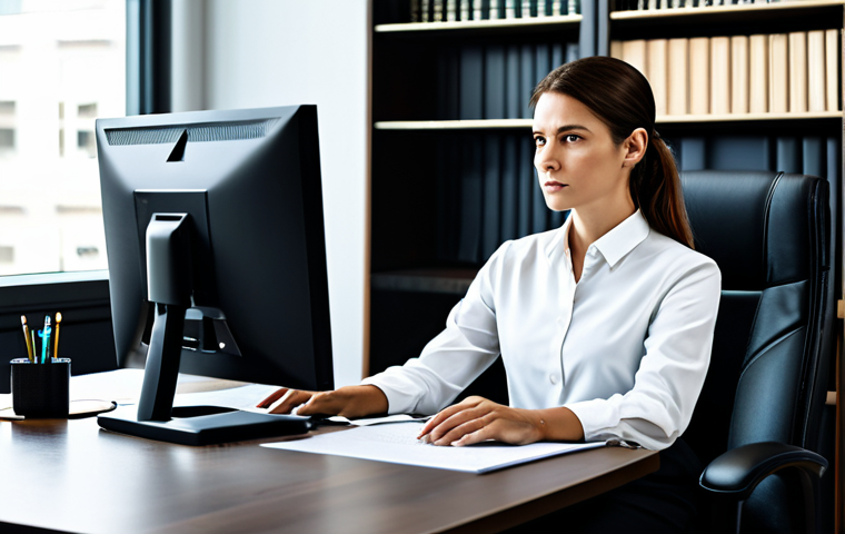 A professional legal expert in a modest dark business suit and a white blouse, fully clothed, appropriate attire, sitting thoughtfully at a modern desk in a well-lit, contemporary law office. A large monitor displays complex legal documents and abstract digital patterns symbolizing AI data. A bookshelf filled with law books is in the background. Professional photography, high resolution, soft studio lighting, perfect anatomy, correct proportions, natural pose, well-formed hands, proper finger count, natural body proportions, safe for work, appropriate content, fully clothed, professional.