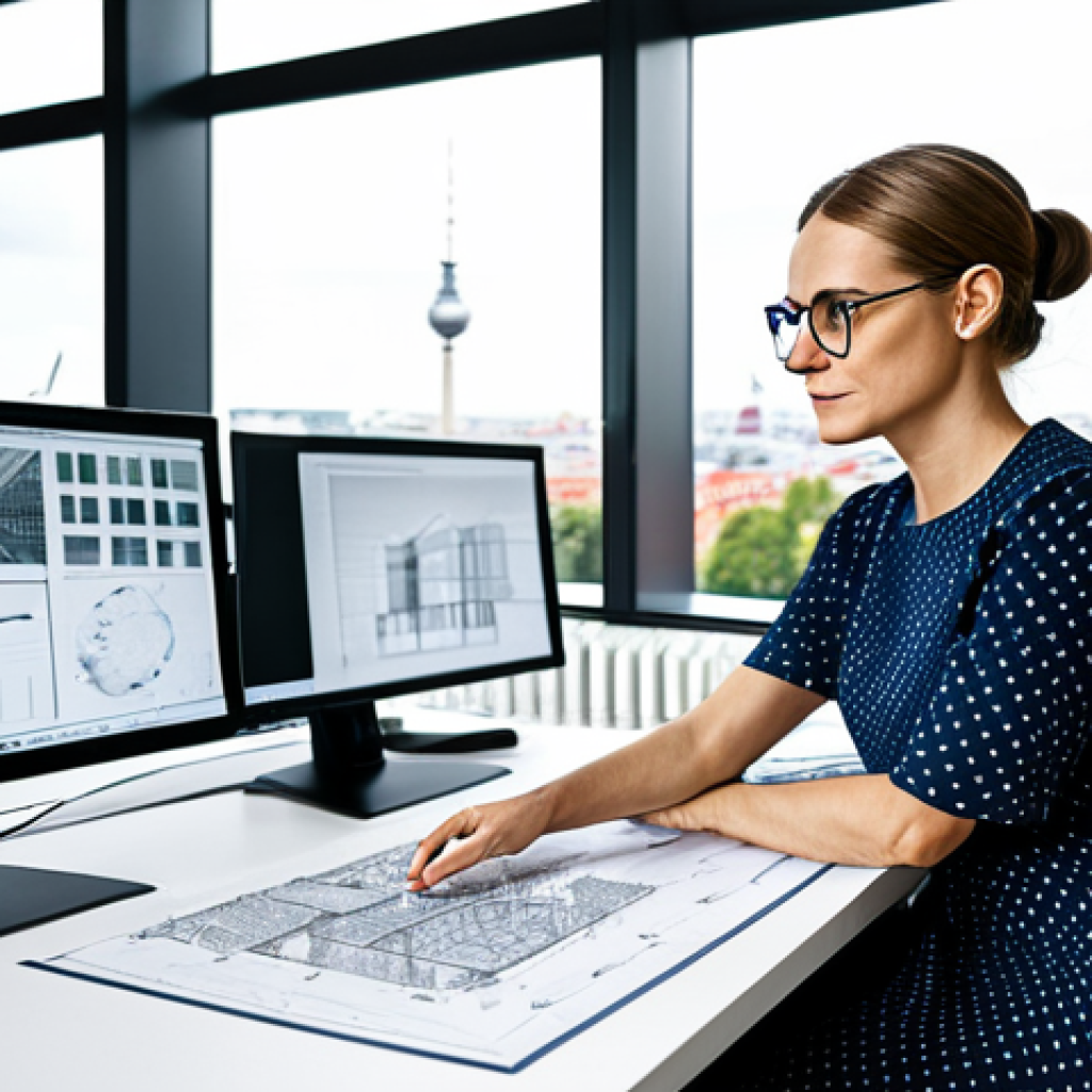 Modern Architect at Work**

"A professional female architect in her late 30s, wearing a stylish but modest dress and glasses, reviewing blueprints in a bright, modern architectural office in Berlin, Germany. Large windows overlook the city skyline. Computer monitors display CAD designs. Fully clothed, appropriate attire, safe for work, perfect anatomy, correct proportions, professional photograph, high quality."

**