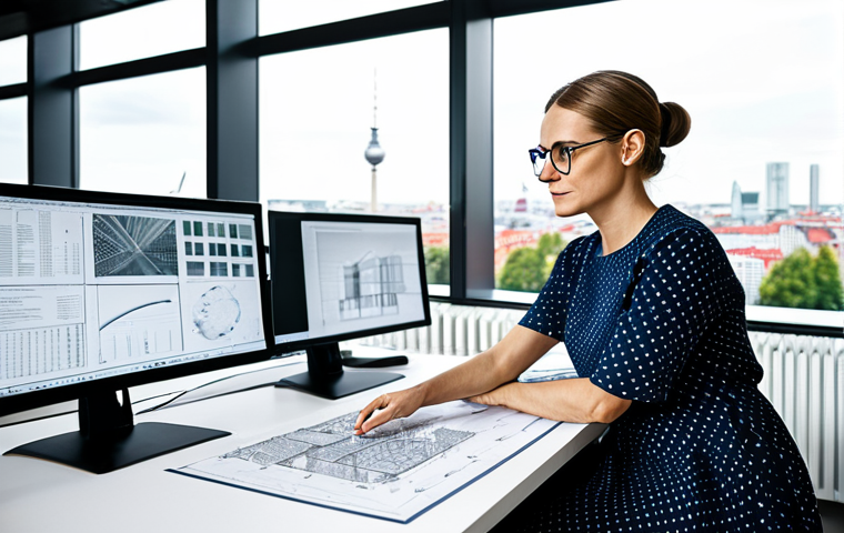 Modern Architect at Work**

"A professional female architect in her late 30s, wearing a stylish but modest dress and glasses, reviewing blueprints in a bright, modern architectural office in Berlin, Germany. Large windows overlook the city skyline. Computer monitors display CAD designs. Fully clothed, appropriate attire, safe for work, perfect anatomy, correct proportions, professional photograph, high quality."

**