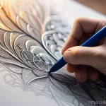 Home 22 인공지능 창작물과 저작권 글로벌 비교 - **Prompt:** A close-up shot of a human hand, meticulously sketching intricate details onto a digital...