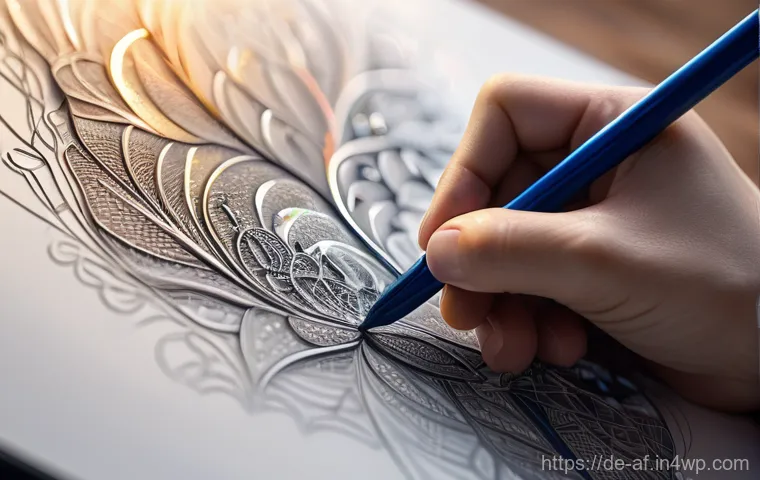 인공지능 창작물과 저작권  글로벌 비교 - **Prompt:** A close-up shot of a human hand, meticulously sketching intricate details onto a digital...