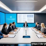 Home 19 인공지능의 저작권법 적용 범위 - A modern European legal office interior with a diverse group of professionals—lawyers, AI developers...