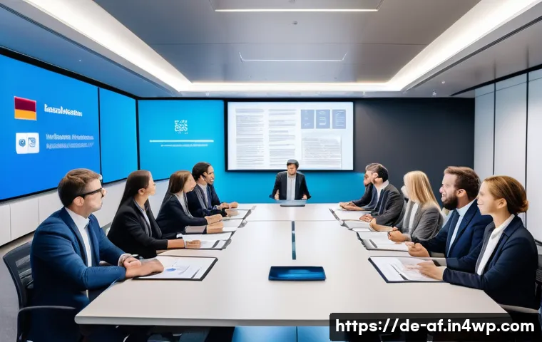 인공지능의 저작권법 적용 범위 - A modern European legal office interior with a diverse group of professionals&mdash;lawyers, AI developers...