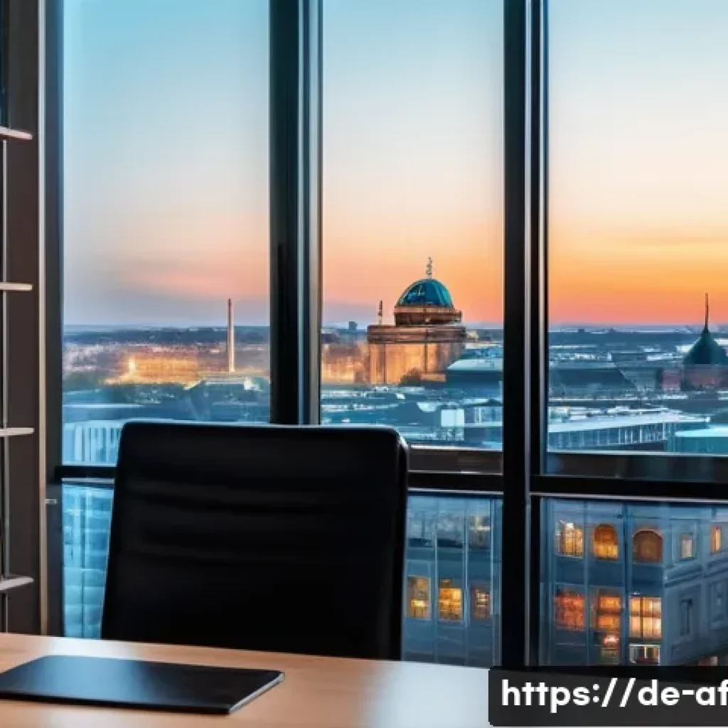 AI 창작물의 저작권 위반 사례 연구 - A modern legal office interior in Berlin, Germany, featuring a sleek desk with a laptop displaying c...