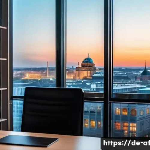 Home 30 AI 창작물의 저작권 위반 사례 연구 - A modern legal office interior in Berlin, Germany, featuring a sleek desk with a laptop displaying c...
