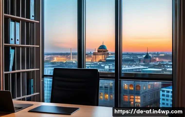 AI 창작물의 저작권 위반 사례 연구 - A modern legal office interior in Berlin, Germany, featuring a sleek desk with a laptop displaying c...