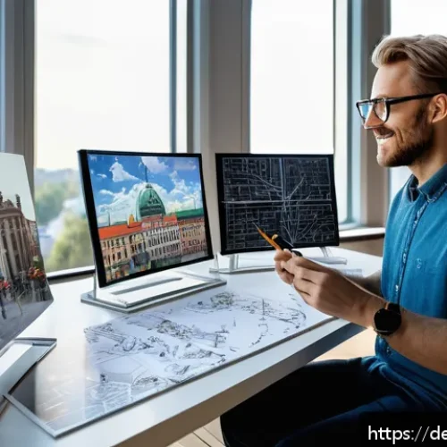 Home 17 AI 창작물의 저작권 보호를 위한 교육 자료 - A modern German artist’s studio with a creative professional working on a digital canvas using AI-as...